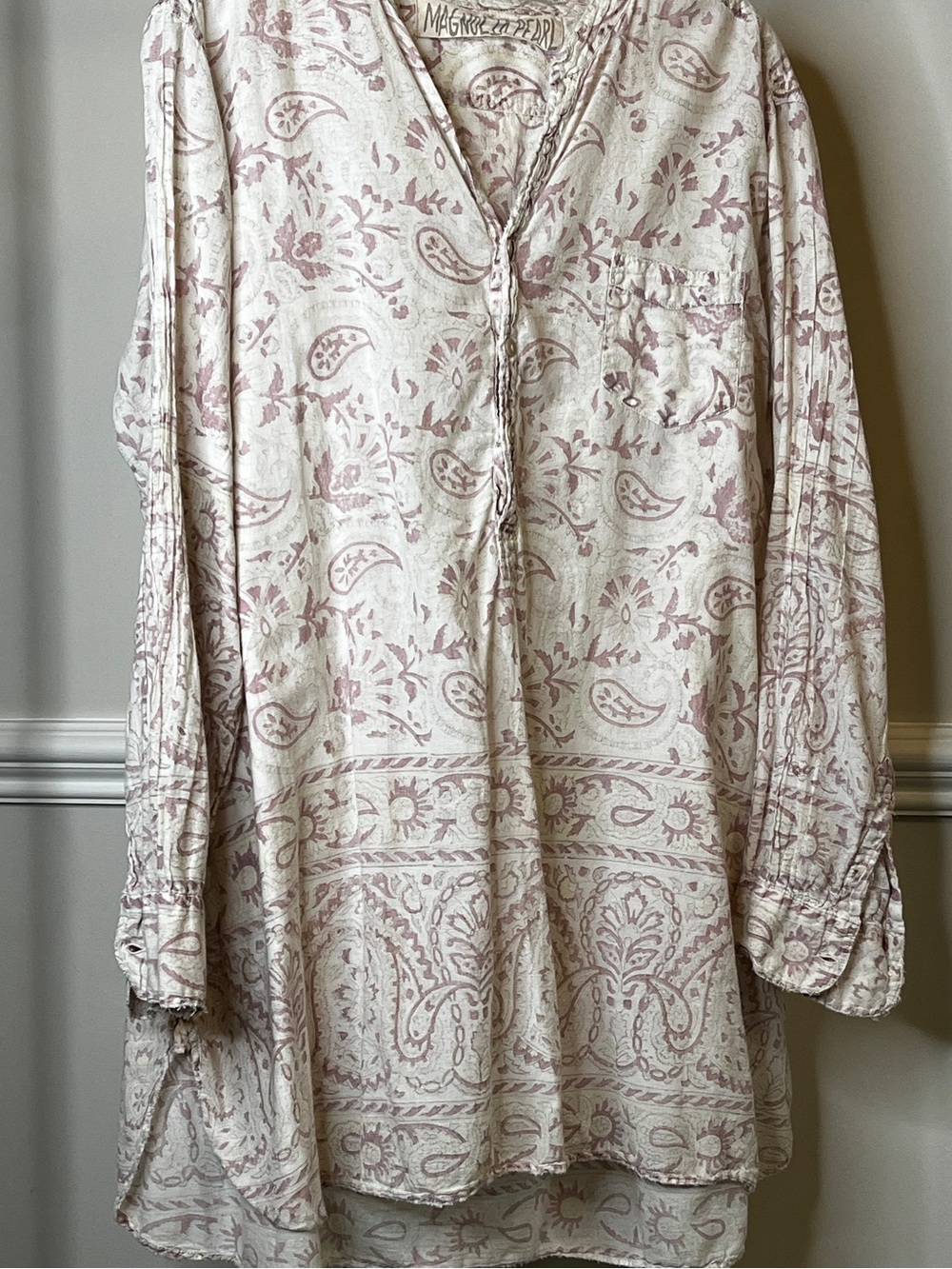 Magnolia Pearl Idgy Shirt in Alana Block Print — One Size OS Luxury Boho Cotton